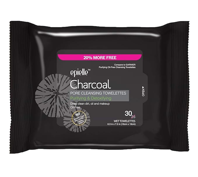 Epielle Charcoal Makeup Remover Wipes, Pore Cleaning Facial Cleanser Towelettes, Purifying & Detoxifying, Remove Dirt, Oil, Waterproof Mascara, Stocking Stuffers, 30 Count (Pack of 6)