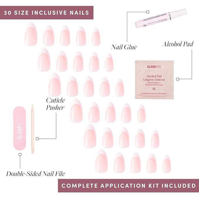 Glamnetic Press On Nails - MaDamn | French Tip Nails, UV Finish Short Pointed Almond Shape, Salon Quality Semi-Transparent Nails in 12 Sizes - 24 Nail Kit with Glue
