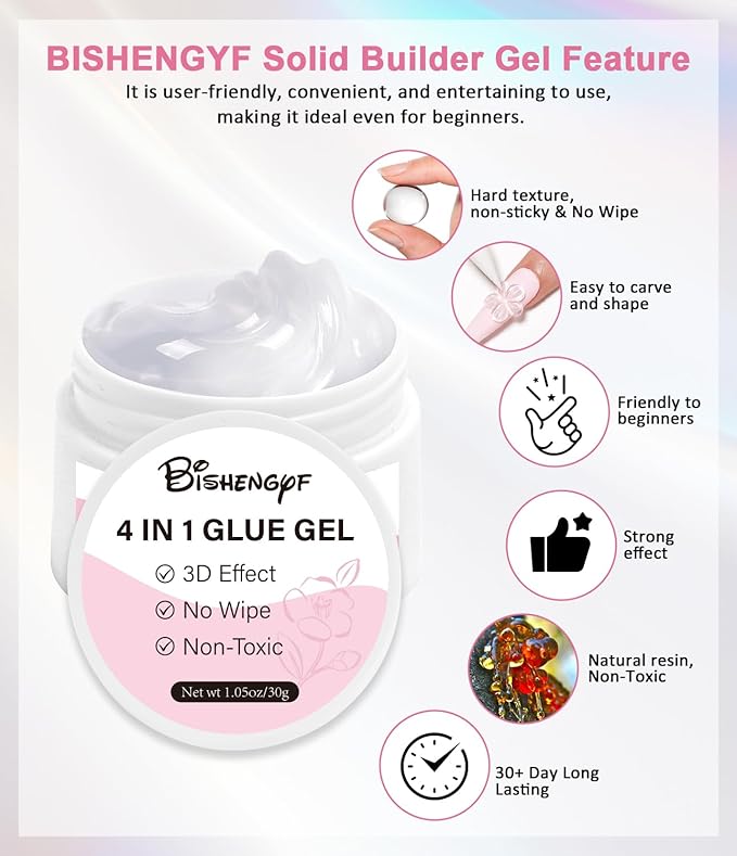 Chrome Nail Powder and Solid Builder Gel Kit BISHENGYF: 30g 4 In 1 No Wipe 3d Sculpting Nail Gel Aurora Pink White Pearl Chrome Nail Powder Clear Non-Sticky Hand Extension Glue for Nail Decoration