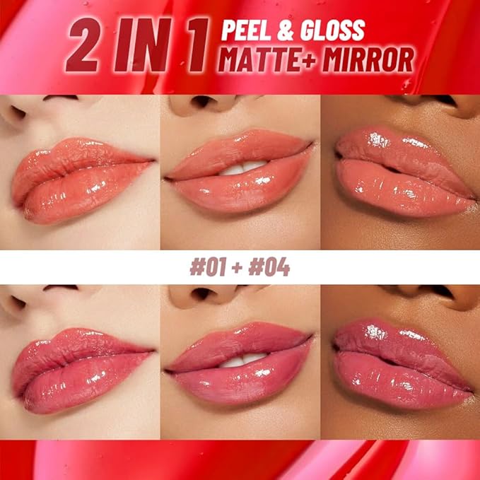 JUAAZIN 2Pcs Lip Stain Peel Off Lip Gloss oil Dual-Ended Combo, Lips Liner Stain Peel Off Masque, Long Lasting & Waterproof, Transfer-Proof Lip Tint Stain with Lip oil for All Skin Type 01#+04#