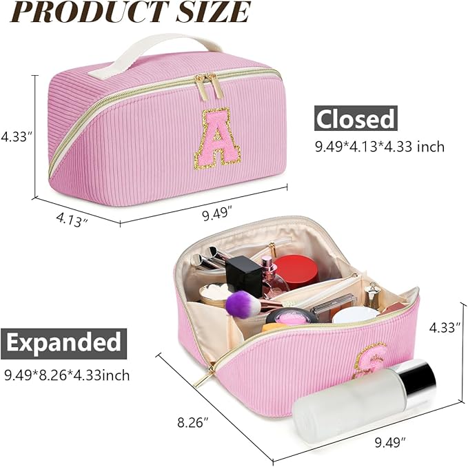 Personalized Initial Makeup Bag, Valentine's Day Gifts for Girls,Preppy Bag Cosmetic Travel Bag Women,Travel Toiletry Organizer,Large Capacity Corduroy Stuff Bag,Cute Cosmetic Pouch Skincare Bag