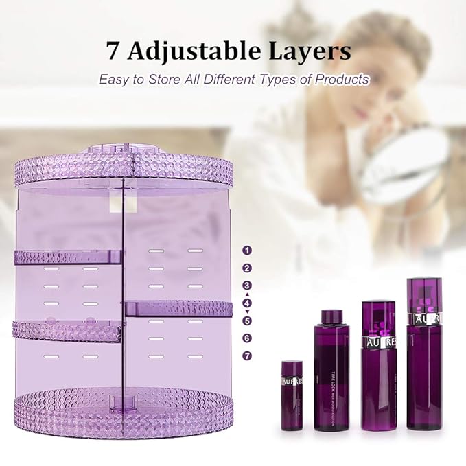 Awenia Makeup Organizer 360-Degree Rotating, Adjustable Makeup Storage, 7 Layers Large Capacity Cosmetic Storage Unit, Fits Different Types of Cosmetics and Accessories, Plus Size(Purple)