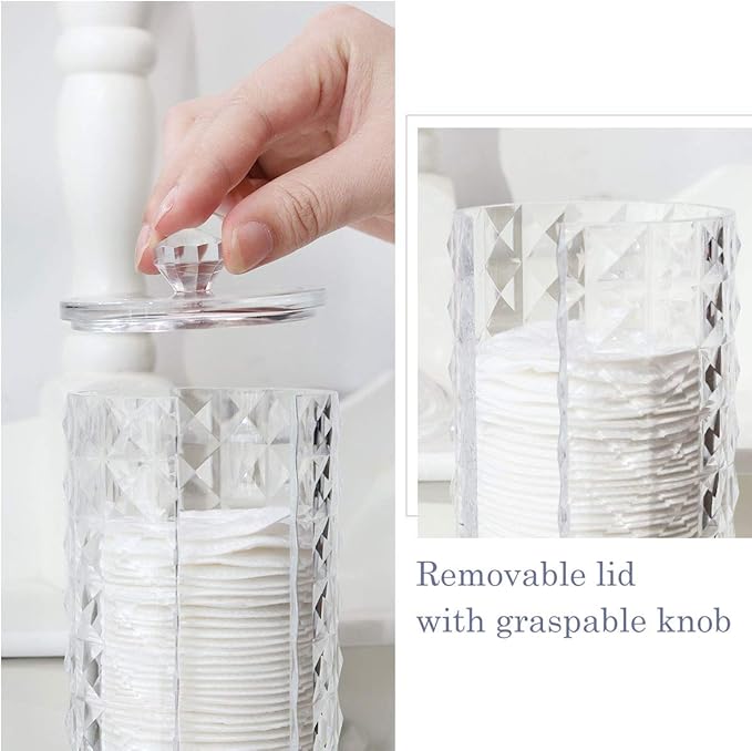 Acrylic Makeup Cotton Round Holder, Luxspire Clear Diamond Pattern Cotton Pads Organizer Container Display Stand Cosmetic Makeup Storage Box with Lid - Clear