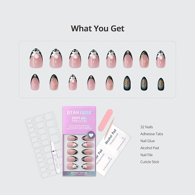 BTArtbox French Tip Press On Nails - Green Romance, Short Almond Press On Nails with Glue and Adhesive Tabs for Women in 16 Sizes - 32 Soft Gel Glue On Nails Kit