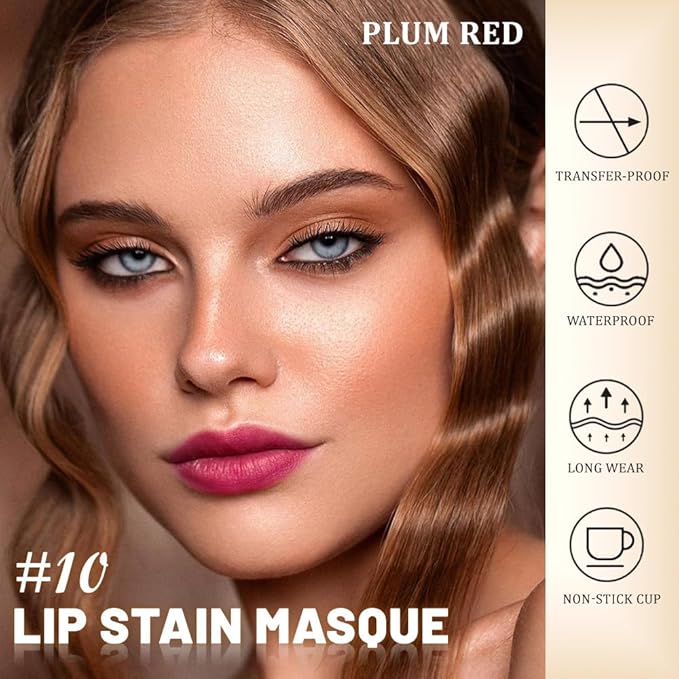 JUAAZIN Peel Off Lip Stain Tattoo with Tweezer - Plum Red Matte Lip Tint, Long Lasting Waterproof Transfer-Proof Liquid Lip Stain, Cruelty-Free Lip Masque for All Skin Types, Valentine's Day Gift 10#