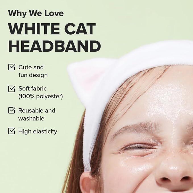 I DEW CARE Face Wash Headband - White Cat | Adorable Design, Perfect for Washing & Cleansing, Makeup and Spa, Bath, Skincare, Quick Dry, Soft & Fuzzy, Non Slip, Reusable, Teen Girls Stuff