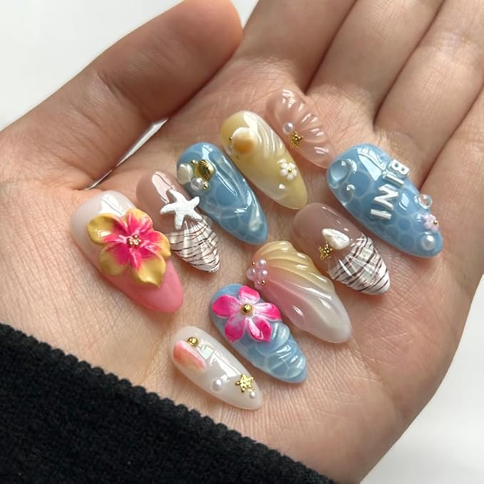Press On Nails Medium Almond Shape - 3D Handmade Acrylic Gel Fake Nails with Glitter Designs, Reusable Thick Almond Nails for Women DIY Manicure Kit (10PCS, L Size, Easy Application)