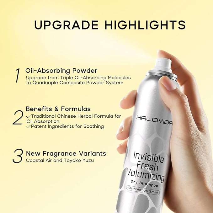 HALOVIDA Dry Shampoo Pack of 3, Invisible Dry Shampoo Spray for Dark Hair Leaves No White Residue, Absorb Oils, Volumizing & Refresh Hair for 72 Hours, 5.07 Fl Oz (Osmanthus Grove+Yuzu+Coastal Air)