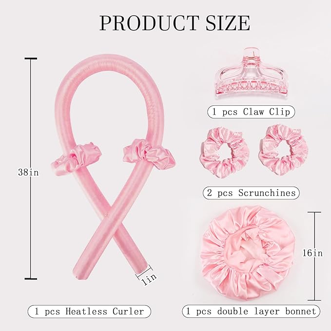 Hroevc No Heat Overnight Curls with Double Layer Satin Bonnet - Soft Hair Curlers to Sleep In, heatless Curling Rods Set + Silk Bonnet for Women & Girls Long Hair, Heatless Waves & Volume (Pink)