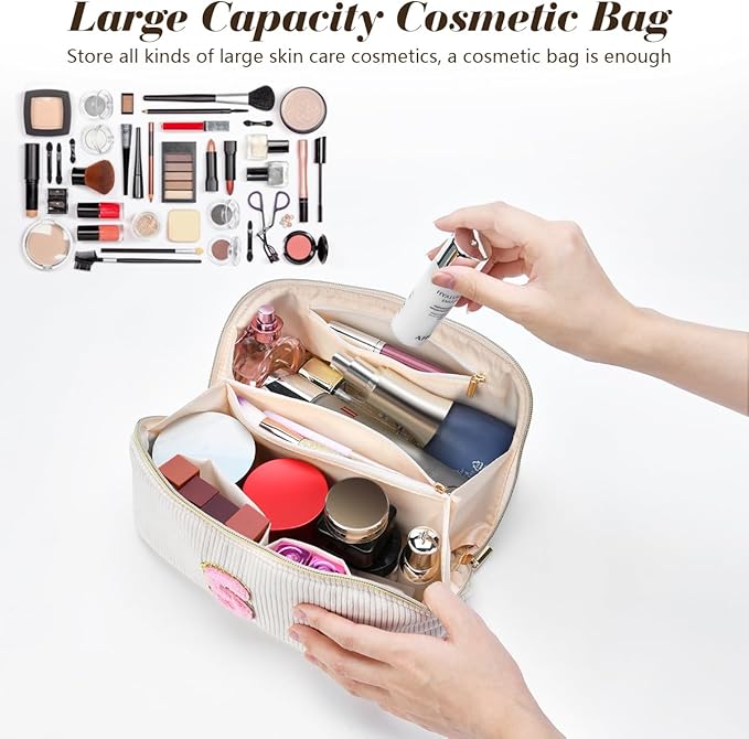 Personalized Initial Makeup Bag, Valentine's Day Gifts for Girls,Preppy Bag Cosmetic Travel Bag Women,Travel Toiletry Organizer,Large Capacity Corduroy Stuff Bag,Cute Cosmetic Pouch Skincare Bag