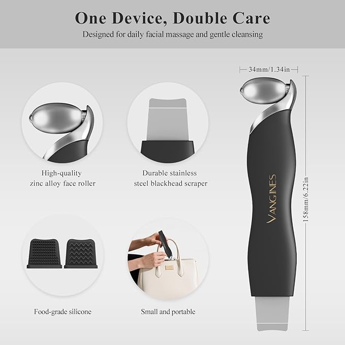 Vangines Blackhead Scraper Tool & Skin Scrubber Face Spatula for Blackhead Removal, Pore Cleaning, with Cooling Ice Roller & 2 Silicone Brush Heads (Charcoal Black)