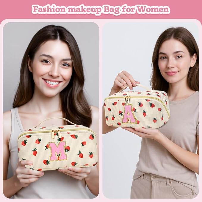 Personalized Travel Makeup Bag Set,Initial Travel Strawberry Makeup Organizer Bag,Toiletry Skincare Cosmetic Bag, Valentine's Day Gifts for Women/Girls/Teen,Open Flat Toiletry Pouch with Brush Bag