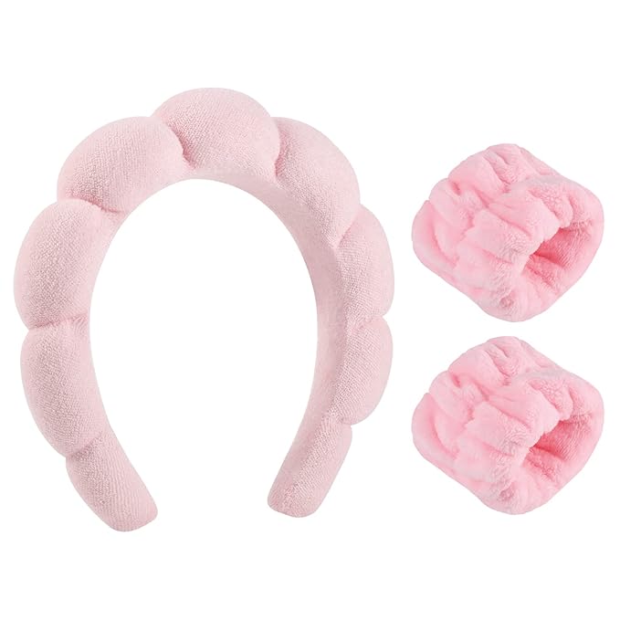 WSICSE Sponge Pink Spa Headband for Washing Face, Valentines Skincare Headbands Puffy Padded Keep Hair Dry Self Care Gifts for Women