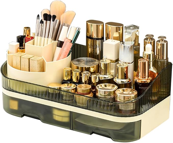 Extra Large Capacity Makeup Organizer with Brush Holder - Plastic Vanity Countertop Storage for Full Skincare & Cosmetic Collection