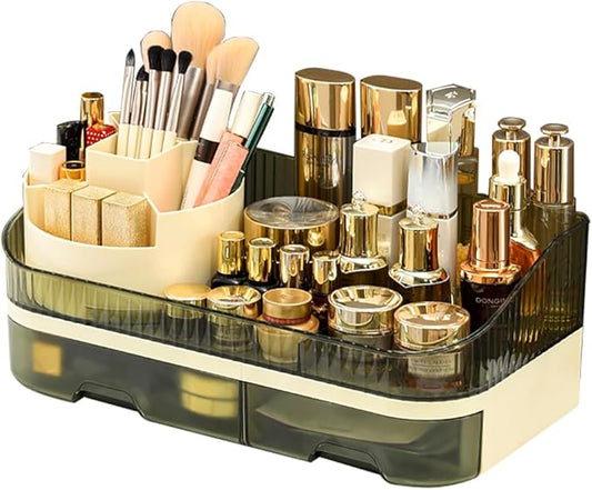 Extra Large Capacity Makeup Organizer with Brush Holder - Plastic Vanity Countertop Storage for Full Skincare & Cosmetic Collection