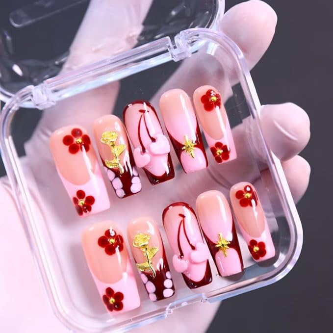 MAGLFELL 10Pcs Press On Nails Square Shape Hnadmade Fake Nails, Pink French Love Acrylic Nails, Reusable Artificial Gold Plated Decoration Square False Nails for Women (Size M)