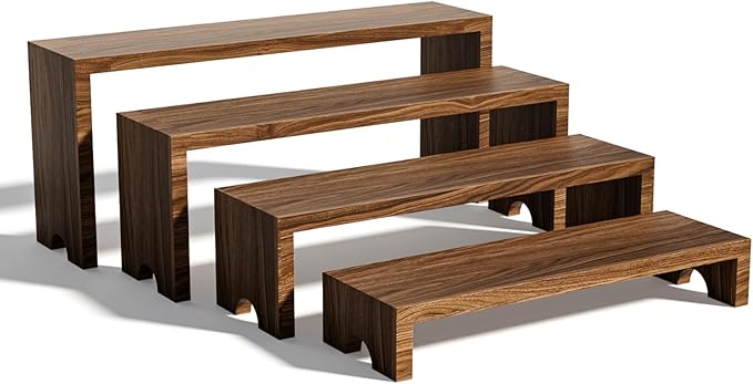 4 Tier Large Display Wooden Riser Stand 1 Set Decorative Rectangular Wood Racks 4 Pieces Stackable Perfume Organizer Cologne Stand Wood Dessert Table Display Set for Vendor Events (Dark Brown, 4PCS)