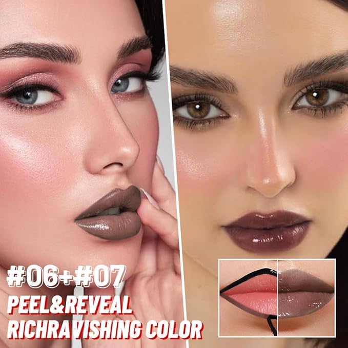 JUAAZIN 2Pcs Lip Stain Peel Off Lip Gloss oil Dual-Ended Combo, Lips Liner Stain Peel Off Masque, Long Lasting & Waterproof, Transfer-Proof Lip Tint Stain with Lip oil for All Skin Type 06#+07#