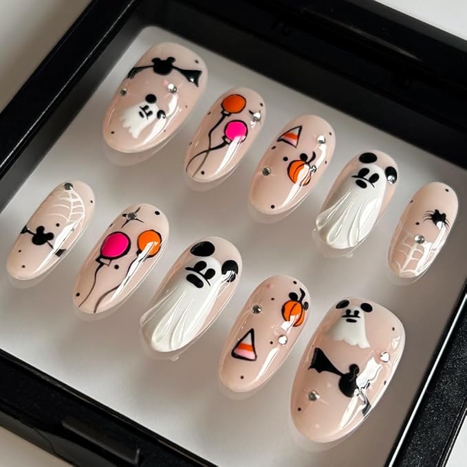 MAGLFELL Press On Nails Handmade Medium Length Oval Fake Nails, Painting Cute Ghosts Design,10 Pcs Reusable ABS Material Finger Painting Fingernail Tip Salon Artificial Nails Kit (Size S）