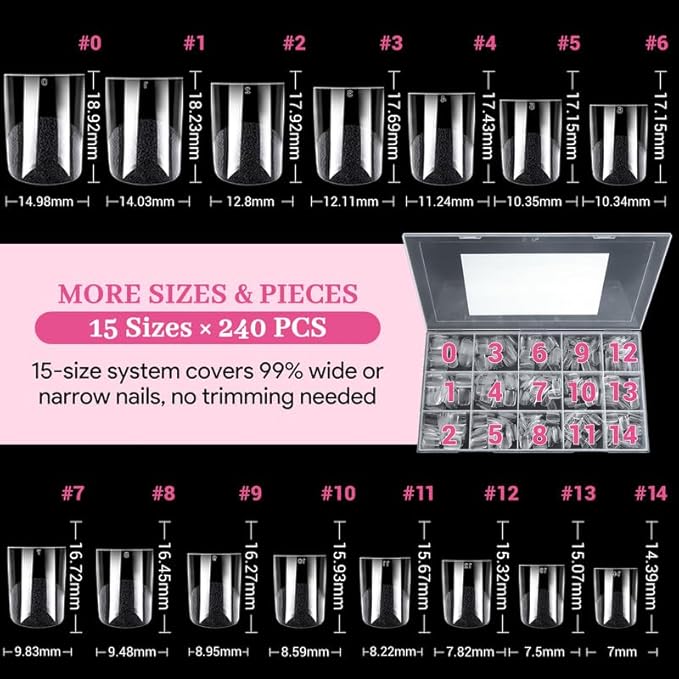 Qiek Extra Short Sharp Square Fake Nail Tips - 15 Sizes 240 PCS Clear French Half Matte Press On False Nail Tips Full Cover Gel Nail Tips Extensions Thick Long Lasting DIY Beginners & Salon Manicure