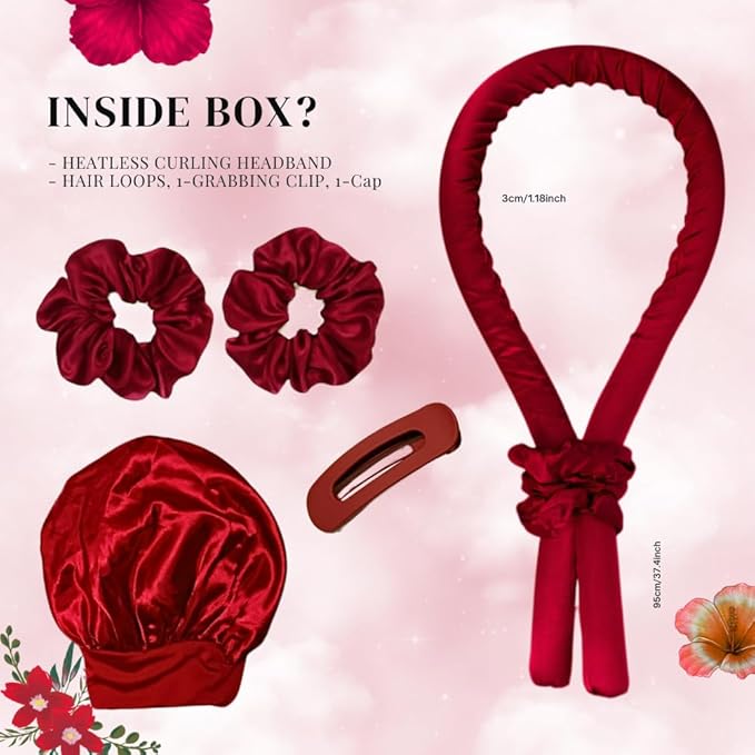 PURELYNE Heatless Hair Curler | 5PC No Heat Curling Rod Headband | With Satin Bonnet, Curler, 2 Scrunchies & Claw Clip Set | Curl Kit for Women & Girls (Wine Red, Medium)