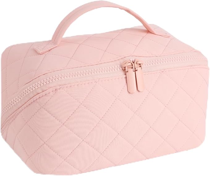 Travel Makeup Bag for Women - Puffy Padded Make Up Bags, Lay-Flat Water-Resistant Cosmetic Case, Large Capacity Cosmetic Bag for Travel Storage of Toiletries and Makeup Brushes (Pink)