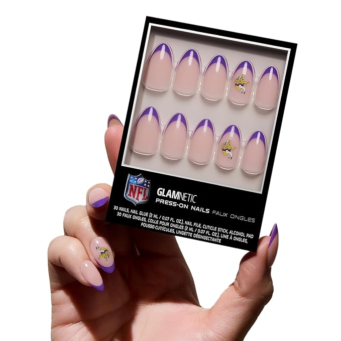 Glamnetic x Fanatics Press On Nails - Minnesota Vikings | Short Almond Fake Nails, NFL Vikings Purple French Tips, Football Nails, Salon-Quality | 15 Sizes - 30 Nail Kit with Glue Glue