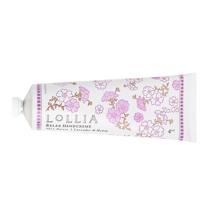 LOLLIA Relax Handcreme, 4 oz, Sugar Cane, Vanilla Bean, & Jasmine, Scented Hand Cream for Women, Moisturizing Lotion for Dry Hands, Quick Absorbing Shea Butter & Cocoa Butter, Luxury Purse Essentials