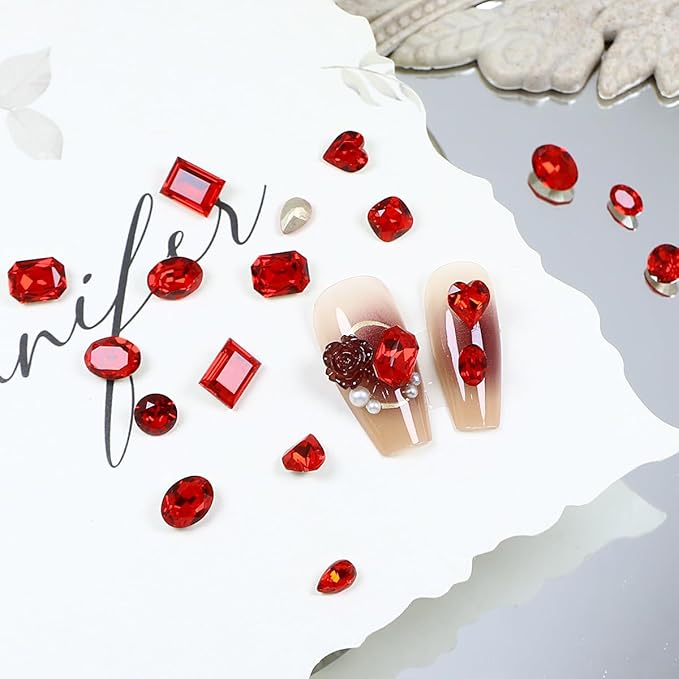 DONGZHOU 72pcs Mix Shape Nail Art Rhinestone,7 Styles Glass Nail Rhinestones Pointback Nail Gems Shiny 3D Nail Charms for Nail DIY Decorations Crafts,Red