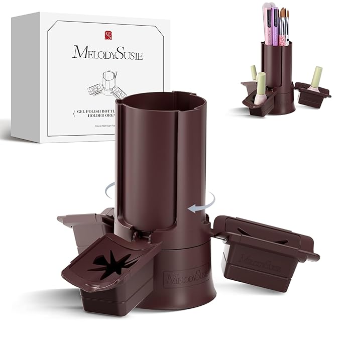 MelodySusie GelCarousel for Nail Polish Bottle Holder and Nail Art Tools Organizer, 360° Rotating Storage Container with 3Pcs Detachable Silcone Gel Polish Holder, Brown(Only Box)