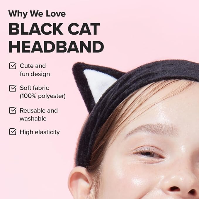 I DEW CARE Face Wash Headband - Black Cat | Adorable Design, Perfect for Washing & Cleansing, Makeup and Spa, Bath, Skincare, Quick Dry, Soft & Fuzzy, Non Slip, Reusable, Teen Girls Stuff