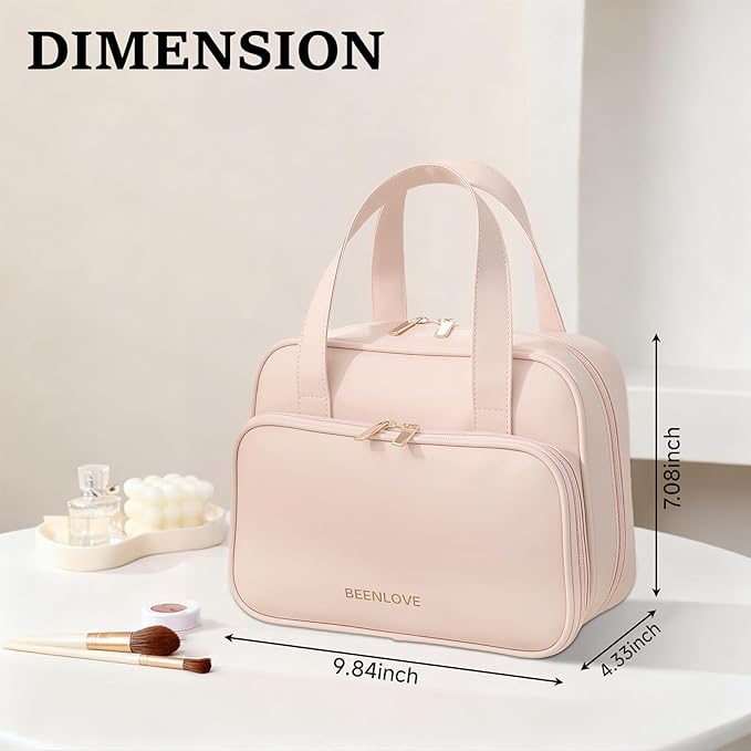 VISSUX Travel Makeup Bag, Large Capacity Waterproof Cosmetic Bag for Women, Opening Storage Toiletry Bag With Handle and Divider, Portable Makeup Organizer Bag for Travel & Daily Use (PINK)