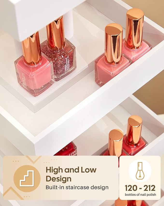 Homde Nail Polish Display Stand and Storage: 360 Degree Rotating Bamboo Rack Organizer, 4 Tier Makeup Holder for Fast Access on Countertop or Vanity for Girls & Women,White