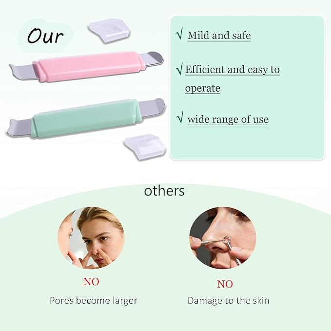 2 PCS Blackhead Remover Tool, Dual-Head Face Spatula & Pore Cleaner for Deep Facial Cleansing, Nose & T-Zone Scraper Skincare Tool for Men and Women (Pink+Green)