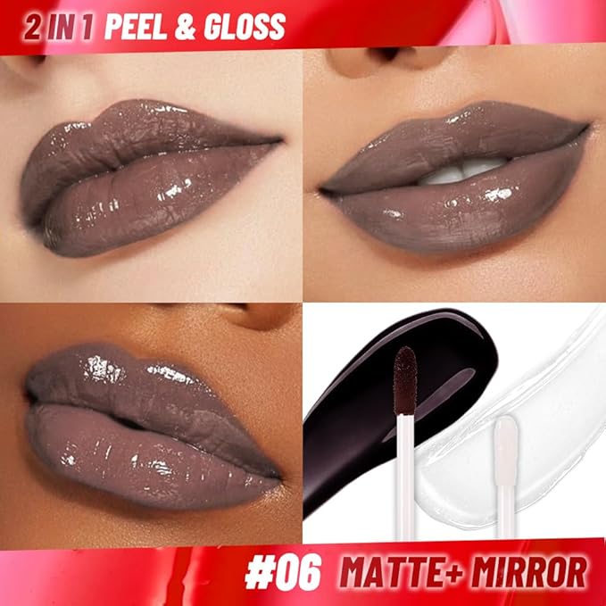 JUAAZIN Lip Stain Peel Off Lip Gloss oil Dual-Ended Combo, Brown Lips Liner Stain Peel Off Tattoo, Long Lasting & Waterproof, Transfer-Proof Lip Tint Stain with Lip oil for All Skin Type 06#