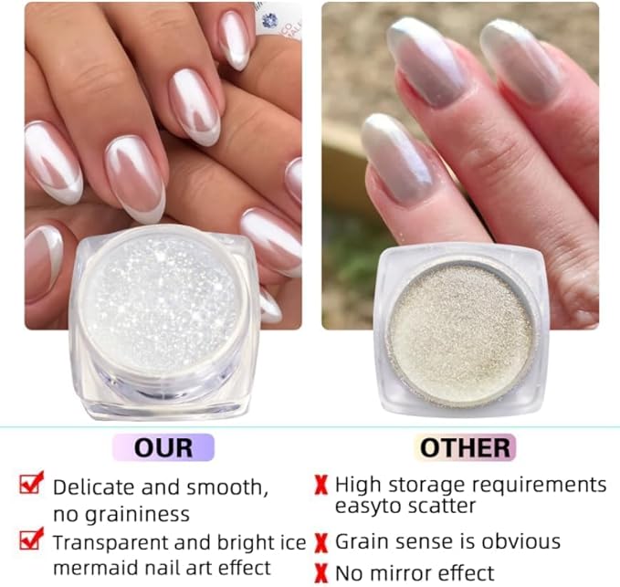 BISHENGYF White Pearl Chrome Nail Powder: 7 Colors Iridescent Aurora Chrome Powder Pearl Mirror Effect Glitter Powder Pearlescent Ice Transparent Mermaid Pigment Dust for Nail Art Decoration