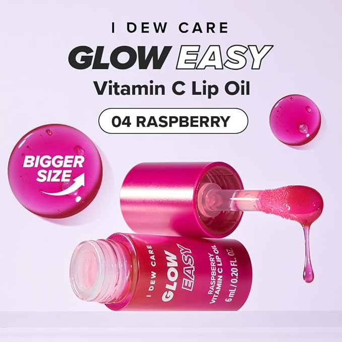 I DEW CARE Lip Gloss - Glow Easy Raspberry | Jojoba Seed Oil, Vitamin C, Pigmented Glossy Stain, Hydrating, Korean Makeup, Pink Color, Moisturizing, Nourishing, 0.20 FL Oz