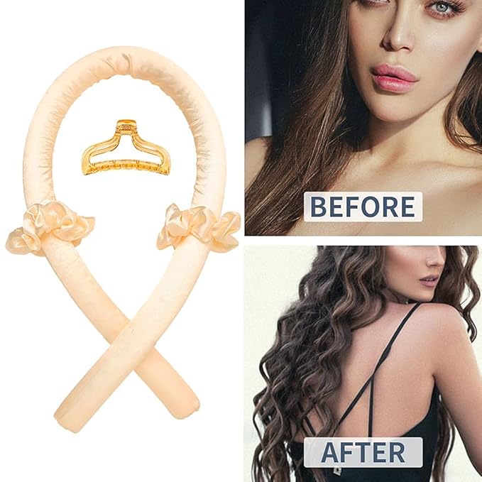 Heatless Curling Rod Headband No Heat Silk Ribbon Hair Roller Curls with Hair Claw Clip Lazy Natural Soft Wave DIY Styling Tool for Sleep in Overnight (Yellow)