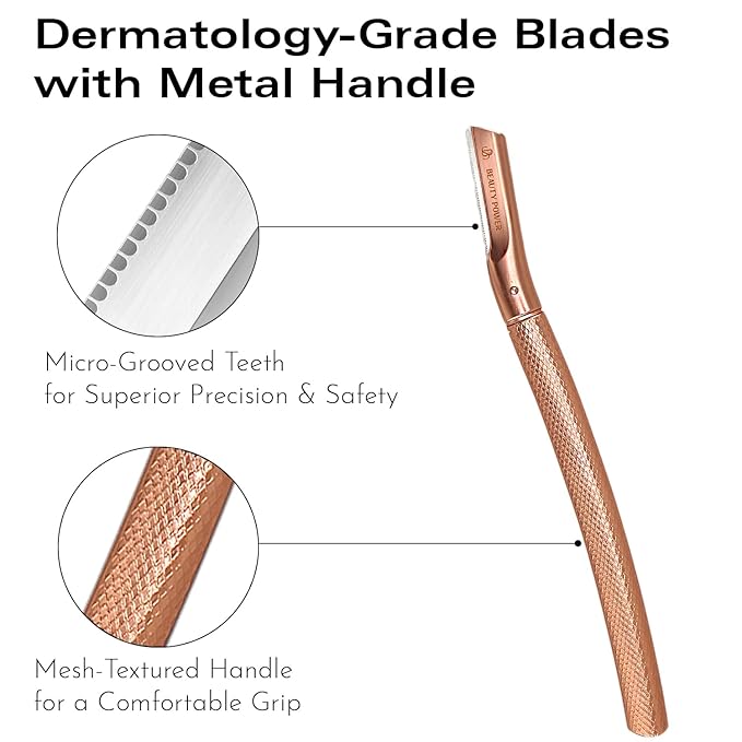 Beauty Power Eyebrow Razor with 6 Blades & Travel Case – Face Razors for Women & Men, Eyebrow Trimmer Shaper with Precision Cover, Facial Shaver & Dermaplaning Tool for Smooth Skin (Rose Gold)