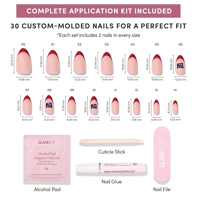 Glamnetic x Fanatics Press On Nails - New York Giants | Short Almond Fake Nails, NFL Giants Red French Tips, Football Nails, Salon-Quality | 15 Sizes - 30 Nail Kit with Glue