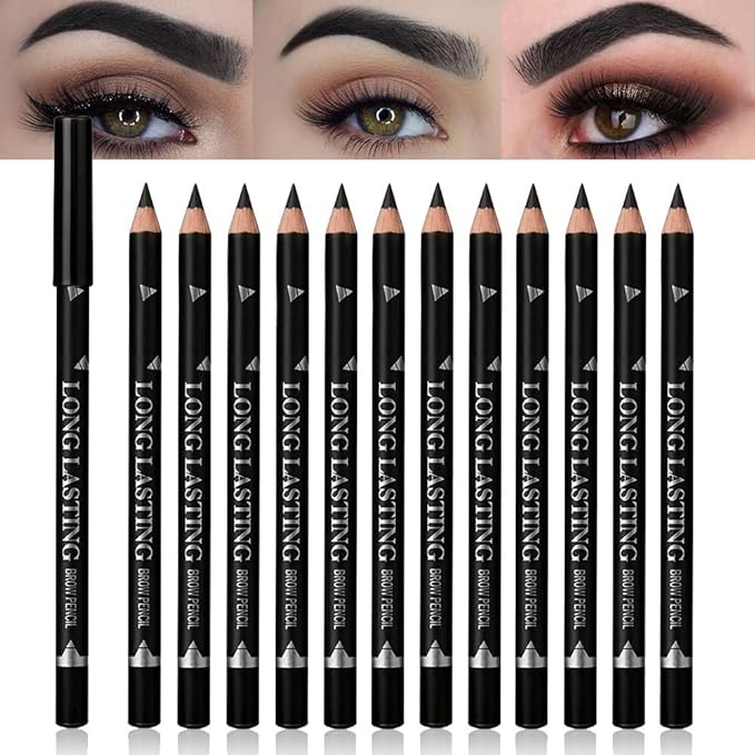 Eyebrow Pencils for Women, 12Pcs Hard-Core Wooden Eye Brow Eye Liner Pen for Beginner Makeup, Waterproof & Sweat-Proof (12Pcs-Black-Eyebrow Pencils)