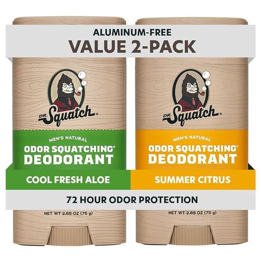 Dr. Squatch Natural Men’s Deodorant – Aluminum Free Natural Deodorant Men with Charcoal & Postbiotics for 72-Hour Odor Protection – Summer Citrus + Cool Fresh Aloe, 2.65oz Stick (2-Pack)