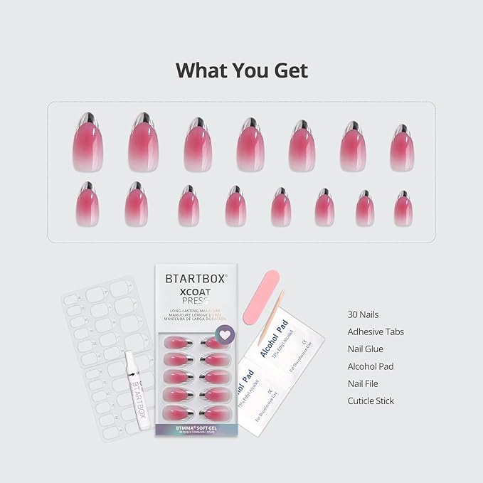 BTArtbox French Tip Press On Nails - Lamp-Curable Blush Pink Almond Press On Nails with Glue for Women, Silver Outline Soft Gel Glue On Nails in 15 Sizes - 30 Stick On Nails Kit, Lolita Razor