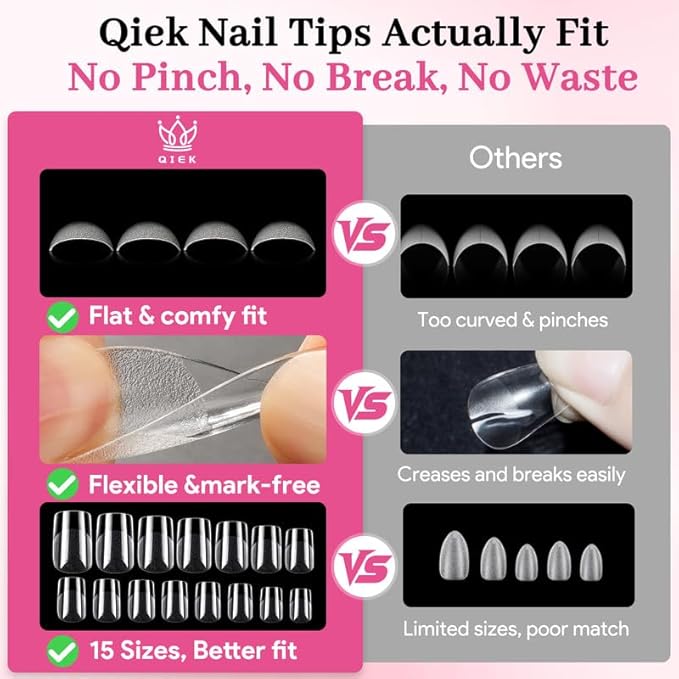 Qiek Short Square Fake Nail Tips - 15 Sizes 240 PCS Clear French Half Matte Press On False Nail Tips Pre-shaped Full Cover Gel Nail Tips Extensions Thick Long Lasting for DIY Beginners& Salon Manicure