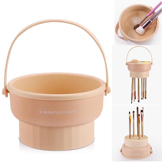 GOLIKEE Makeup Brush Cleaner Mat 3 in 1 Silicone Makeup Brush Cleaner Bowl Cosmetic Brushes Cleaning Tool Organizer for Storage and Air Drying（Khkai
