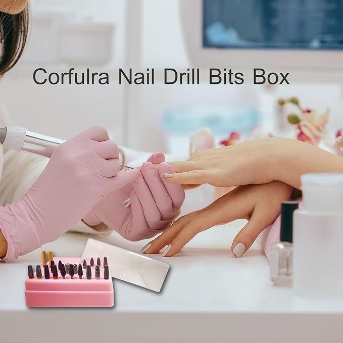 CORFULRA Nail Drill Bits Holder, Nail Organizer Box for Nail Drill Bits, Large Space of Container Case for Drill Bits for Nails, 100 Holes Dustproof Displayer Box of Nail Supplies for Nail Tach, Pink