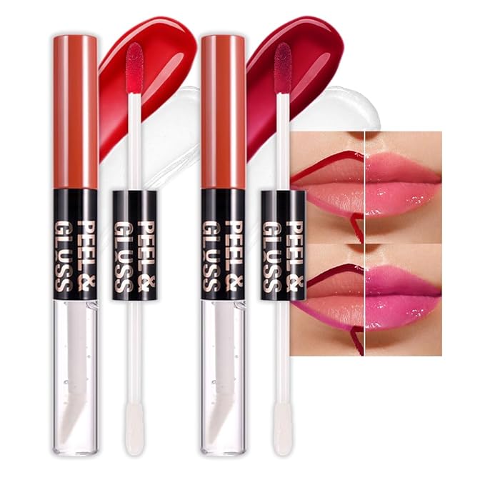 JUAAZIN 2Pcs Lip Stain Peel Off Lip Gloss oil Dual-Ended Combo, Lips Liner Stain Peel Off Masque, Long Lasting & Waterproof, Transfer-Proof Lip Tint Stain with Lip oil for All Skin Type 02#+03#