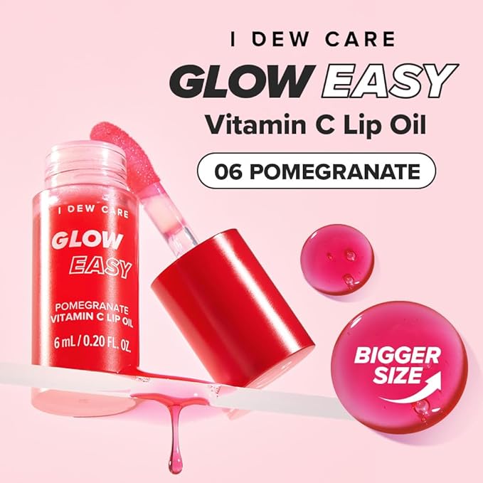 I DEW CARE Lip Gloss - Glow Easy Pomegranate | Jojoba Seed Oil, Vitamin C, Pigmented Glossy Stain, Hydrating, Korean Makeup, Pink Color, Moisturizing, Nourishing Crystal, 0.20 FL Oz
