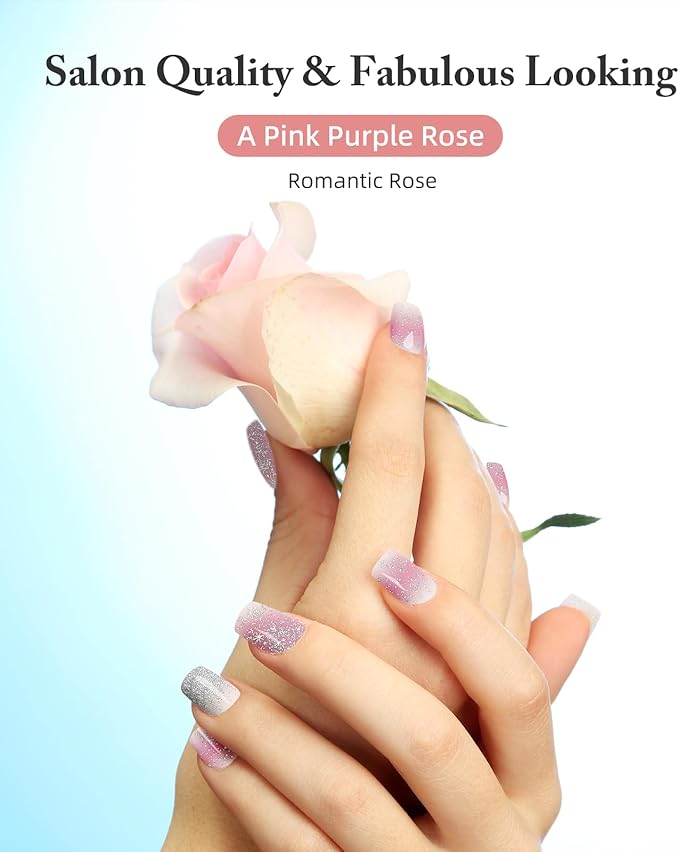 DUKASOU Semi Cured Gel Nail Strips, 56Pcs Nail Art Stickers/Wraps, Long Lasting UV Nail Polish Strips for Adults(Pink+Purple)