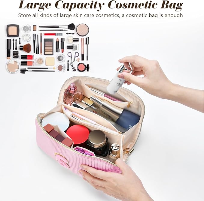 Personalized Initial Makeup Bag, Valentine's Day Gifts for Girls,Preppy Bag Cosmetic Travel Bag Women,Travel Toiletry Organizer,Large Capacity Corduroy Stuff Bag,Cute Cosmetic Pouch Skincare Bag
